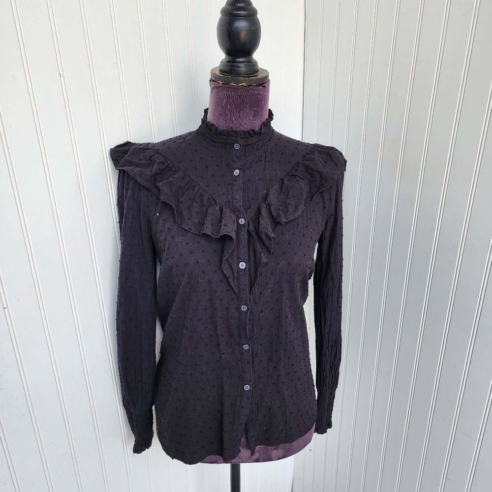 LOFT Blouse Top Women's Black Swiss Dot Ruffle Trim Long Sleeve Button Front XS